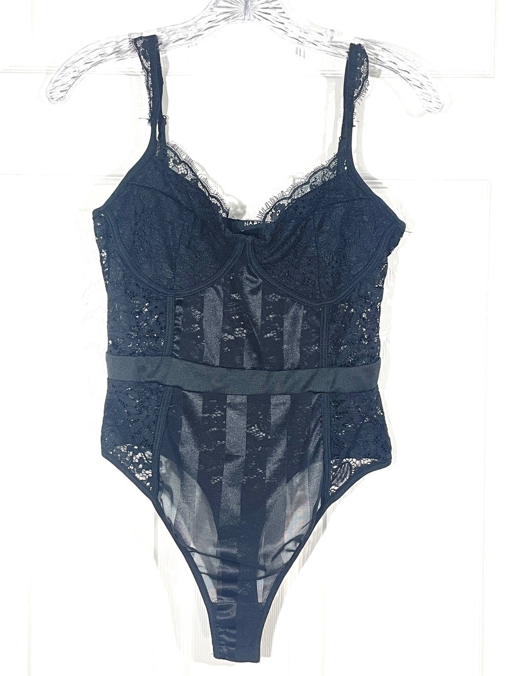 Naanaa Black Lace Mesh Bodysuit | Sheer Corset Style | Size US 6 Goth Y2K